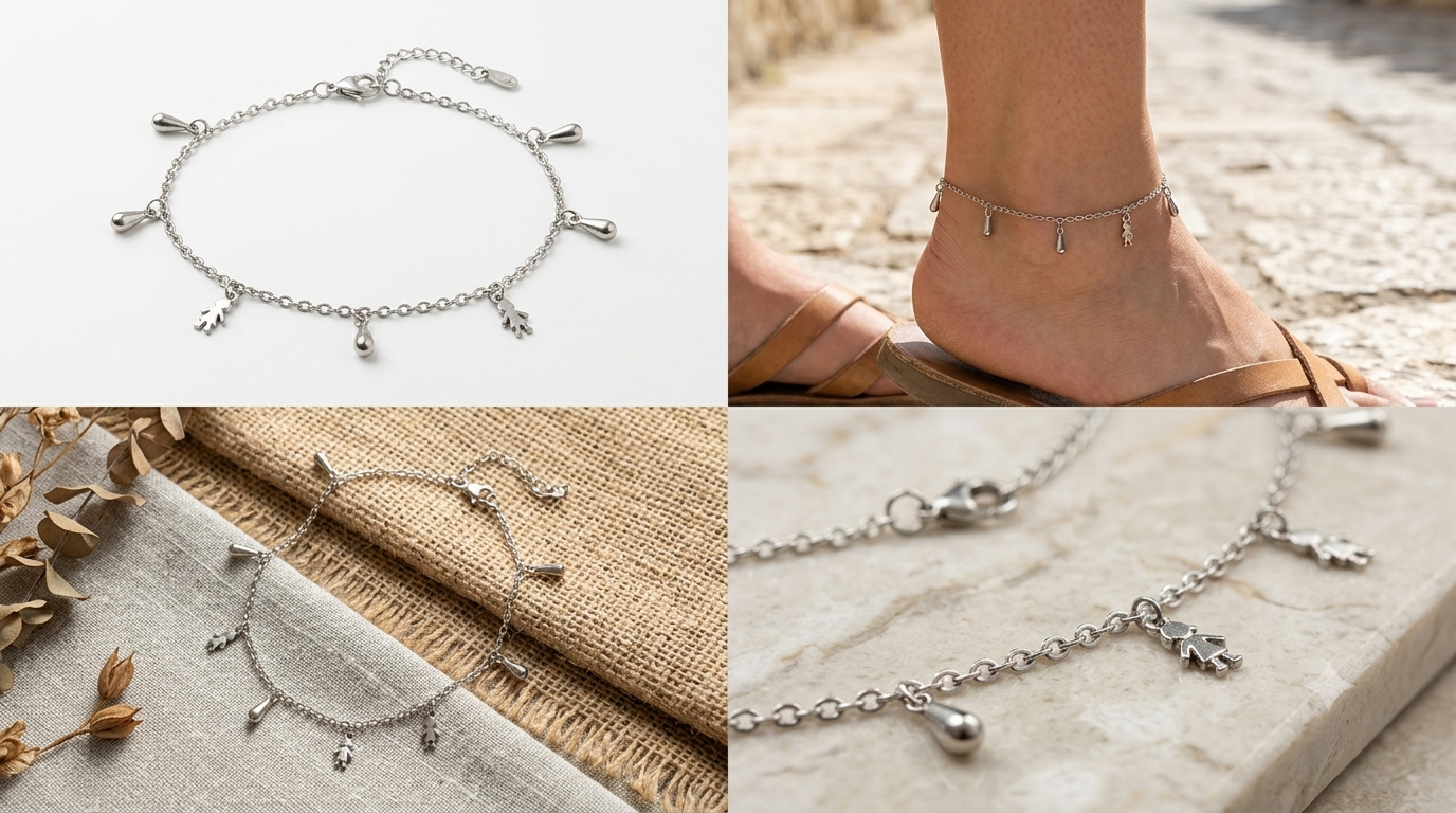 Silver-Toned Minimalist Charm Anklet with Teardrop & Figurine Accents