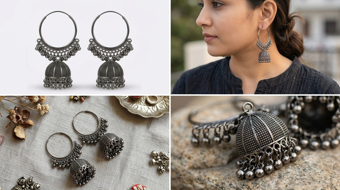 Oxidized Silver-Plated Boho Hoop Jhumka Earrings with Ghungroo Drops
