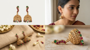 Antique Matte Gold-Plated S-Curve Jhumka Dangler Earrings with Ruby & Emerald Beads