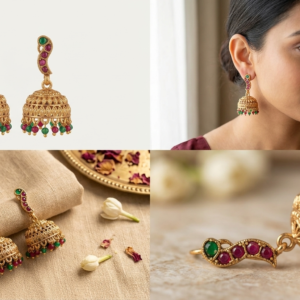 Antique Matte Gold-Plated S-Curve Jhumka Dangler Earrings with Ruby & Emerald Beads