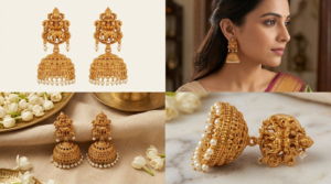 Temple Jewellery Antique Matte Gold-Plated Goddess Lakshmi Jhumka Earrings with Pearl Drops