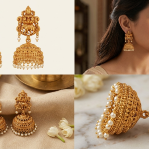 Temple Jewellery Antique Matte Gold-Plated Goddess Lakshmi Jhumka Earrings with Pearl Drops