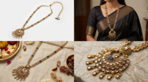 Antique Gold-Plated Chandbali Pendant Long Haram Necklace with Kundan & Sapphire Blue Stones
