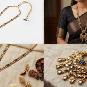 Antique Gold-Plated Chandbali Pendant Long Haram Necklace with Kundan & Sapphire Blue Stones