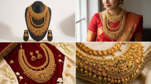 Temple Jewellery Antique Gold-Plated Grand Bridal Combo Set with Choker, Long Haram & Matching Jhumkas