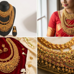 Temple Jewellery Antique Gold-Plated Grand Bridal Combo Set with Choker, Long Haram & Matching Jhumkas