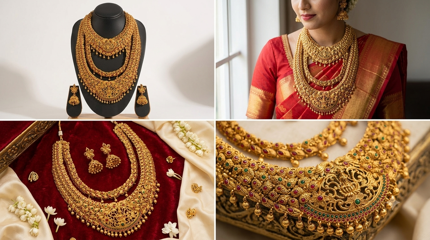 Temple Jewellery Antique Gold-Plated Grand Bridal Combo Set with Choker, Long Haram & Matching Jhumkas