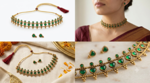 Antique Gold-Plated Emerald Green Heart-Stone Choker Necklace Set with Matching Stud Earrings