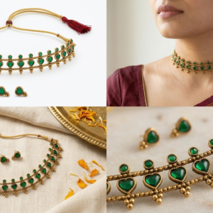 Antique Gold-Plated Emerald Green Heart-Stone Choker Necklace Set with Matching Stud Earrings