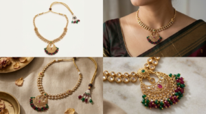 Antique Matte Gold-Plated Chandbali Pendant Short Necklace with Kundan & Emerald-Ruby Bead Clusters