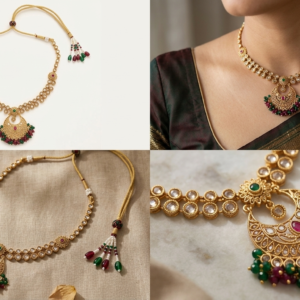 Antique Matte Gold-Plated Chandbali Pendant Short Necklace with Kundan & Emerald-Ruby Bead Clusters