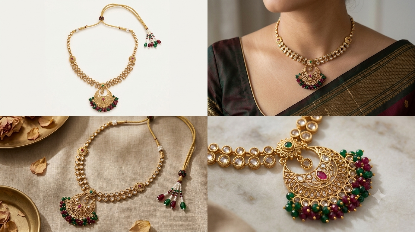 Antique Matte Gold-Plated Chandbali Pendant Short Necklace with Kundan & Emerald-Ruby Bead Clusters