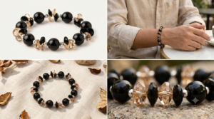 Black Agate & Champagne Faceted Crystal Beaded Stretch Bracelet with Silver Accents