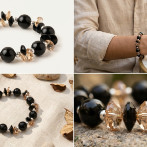 Black Agate & Champagne Faceted Crystal Beaded Stretch Bracelet with Silver Accents