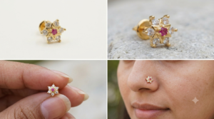Gold-Plated Floral Star Nose Pin with Sparkling AD Stones & Ruby Red Center