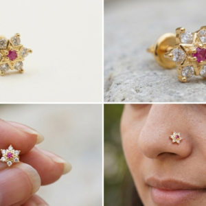 Gold-Plated Floral Star Nose Pin with Sparkling AD Stones & Ruby Red Center