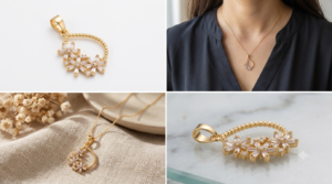 Gold-Plated Beaded Open Loop Floral Pendant with Baguette Crystal Flowers