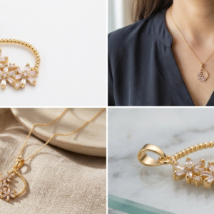 Gold-Plated Beaded Open Loop Floral Pendant with Baguette Crystal Flowers