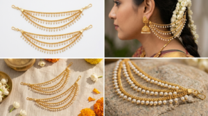 Antique Gold-Plated Multi-Layer Pearl Ear Chain / Traditional Bridal Mattal (Matilu) Pair