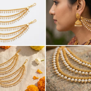 Antique Gold-Plated Multi-Layer Pearl Ear Chain / Traditional Bridal Mattal (Matilu) Pair