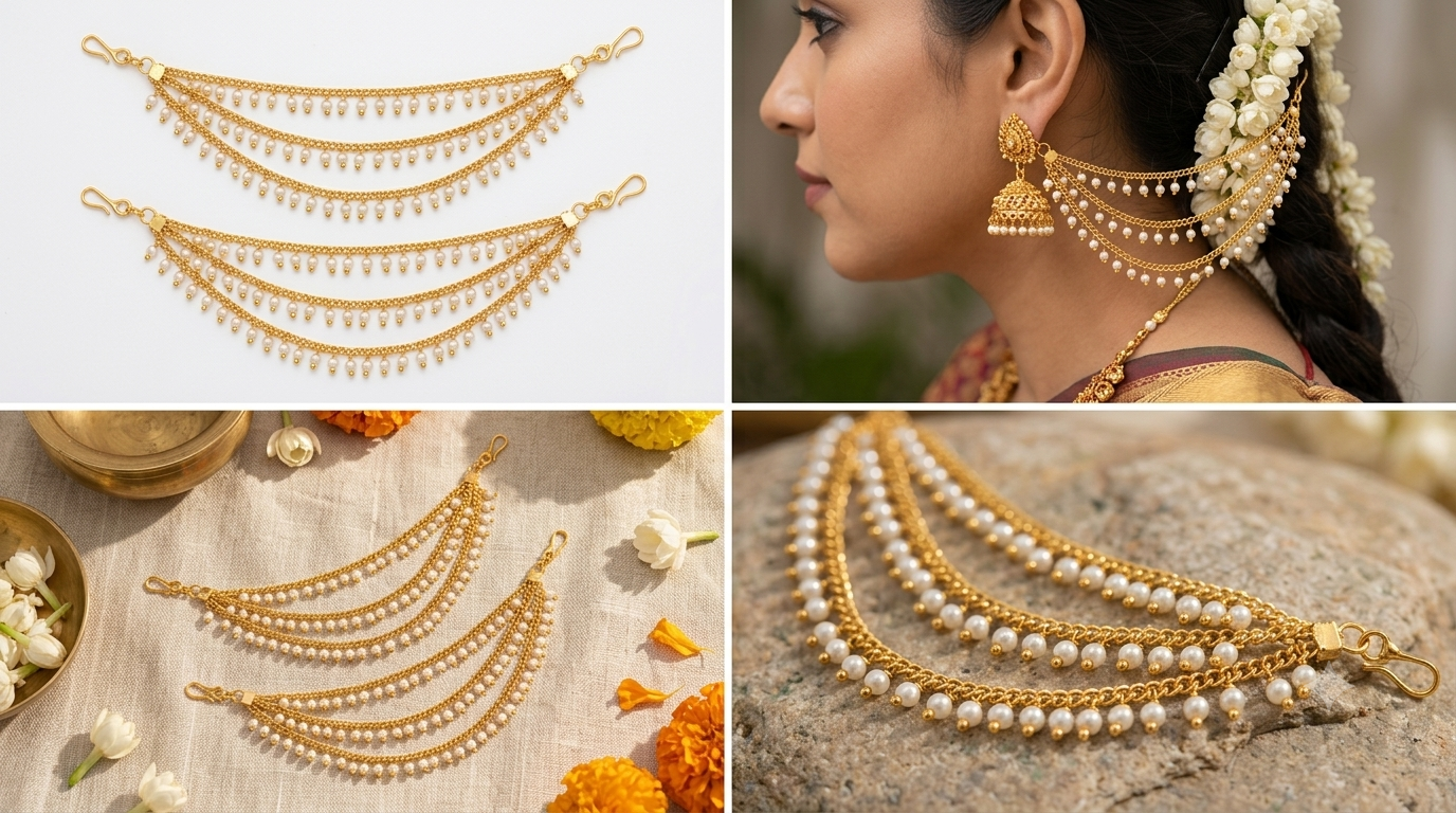 Antique Gold-Plated Multi-Layer Pearl Ear Chain / Traditional Bridal Mattal (Matilu) Pair