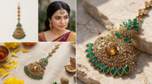 Antique Gold-Plated Emerald Green & Amber Stone Filigree Statement Maang Tikka