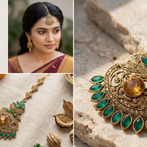 Antique Gold-Plated Emerald Green & Amber Stone Filigree Statement Maang Tikka
