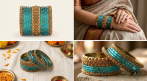 Turquoise Blue & Antique Gold-Toned Bridal Bangle Set with Stone Embellishments