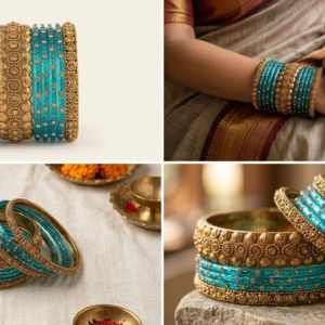 Turquoise Blue & Antique Gold-Toned Bridal Bangle Set with Stone Embellishments