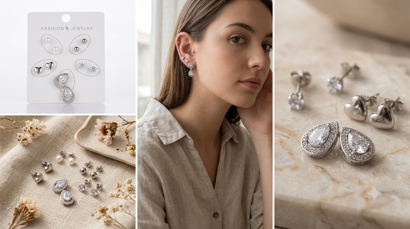 Silver-Toned 5-Pair Multi-Piercing Earring Combo Set with Crystal Teardrop Drops, Solitaires, Hearts & Pearl Studs