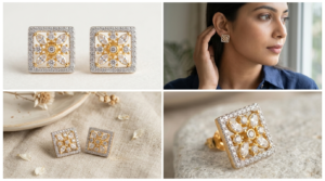 Dual-Tone Floral Square AD Stone Stud Earrings