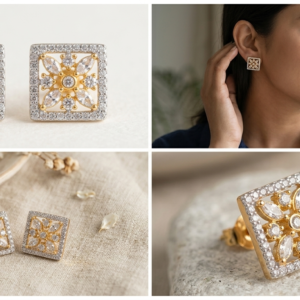 Dual-Tone Floral Square AD Stone Stud Earrings