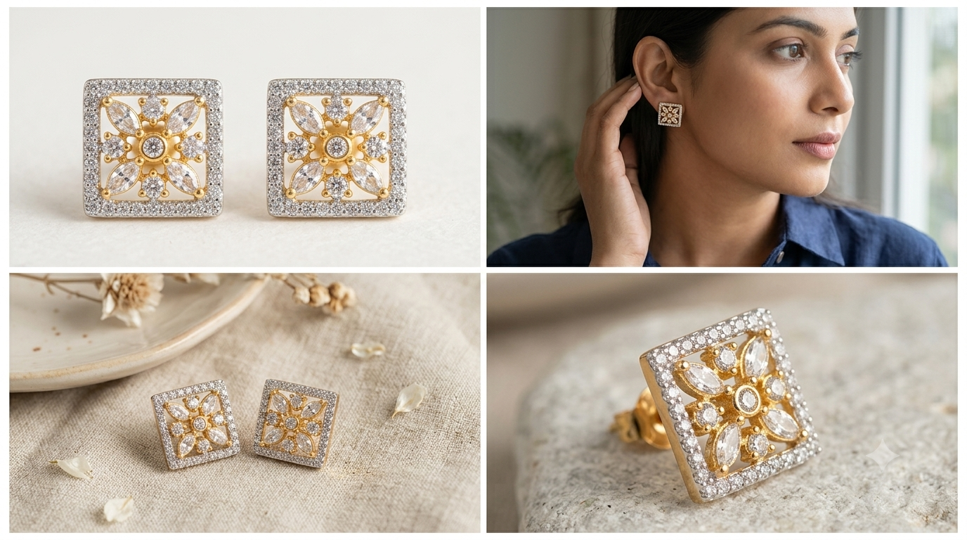 Dual-Tone Floral Square AD Stone Stud Earrings