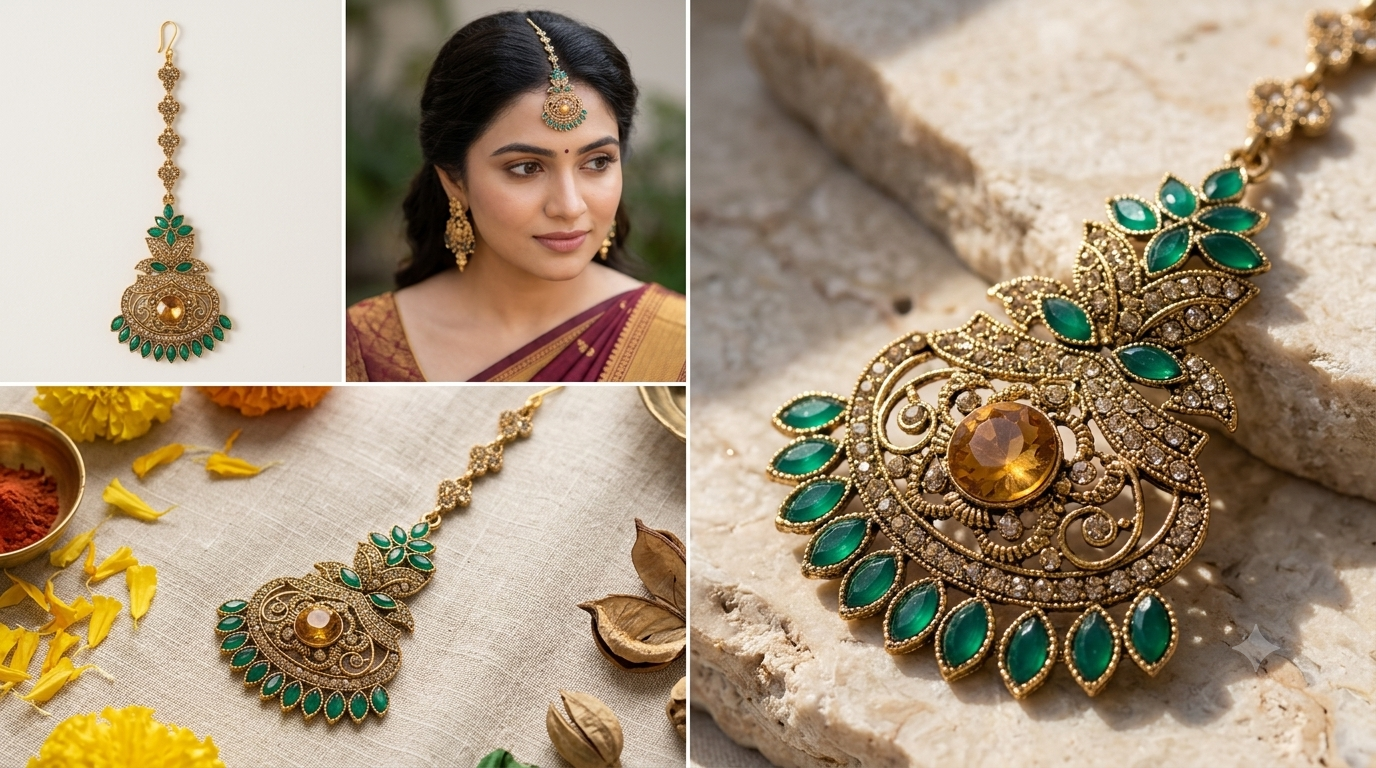 Antique Gold-Plated Emerald Green & Amber Stone Filigree Statement Maang Tikka