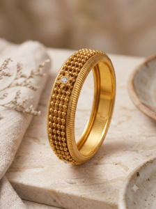 Antique Gold-Plated Beaded Textured Kada Bangle with Solitaire Crystal Accents