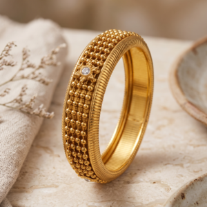 Antique Gold-Plated Beaded Textured Kada Bangle with Solitaire Crystal Accents
